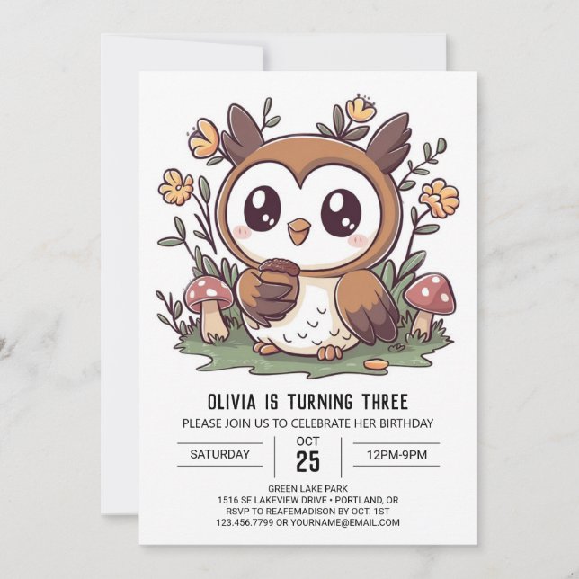 Invitation Charming Whimsical Digital Owthday (Devant)