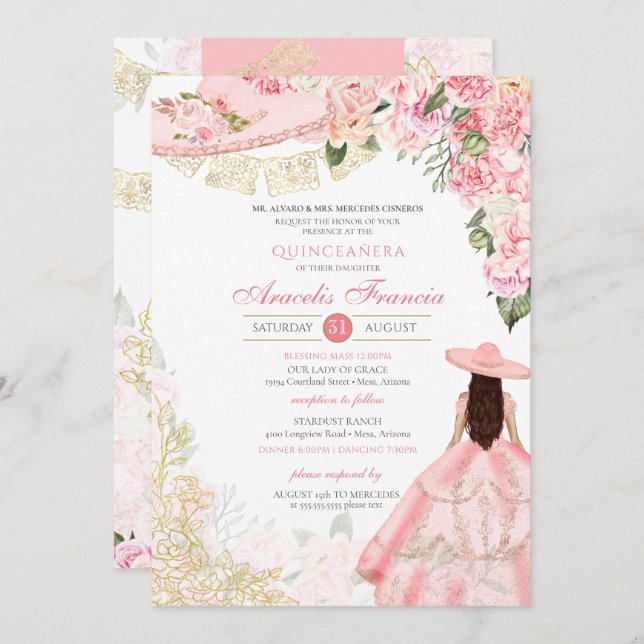Invitation Charra Floral Rose & Or Ouest Quinceanera (Devant / Derrière)