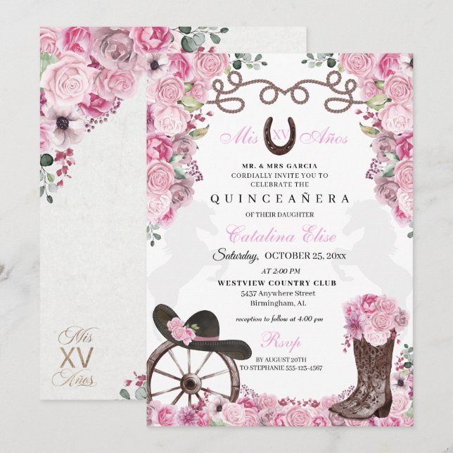 Invitation Charra Ouest rose Ranchero Quinceanera (Devant / Derrière)