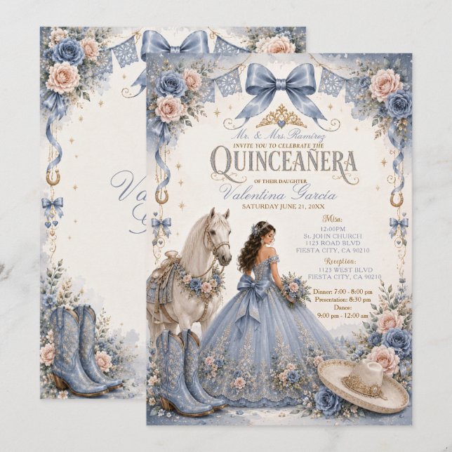 Invitation Charra Quinceañera Bleu Poussiéreux (Devant / Derrière)