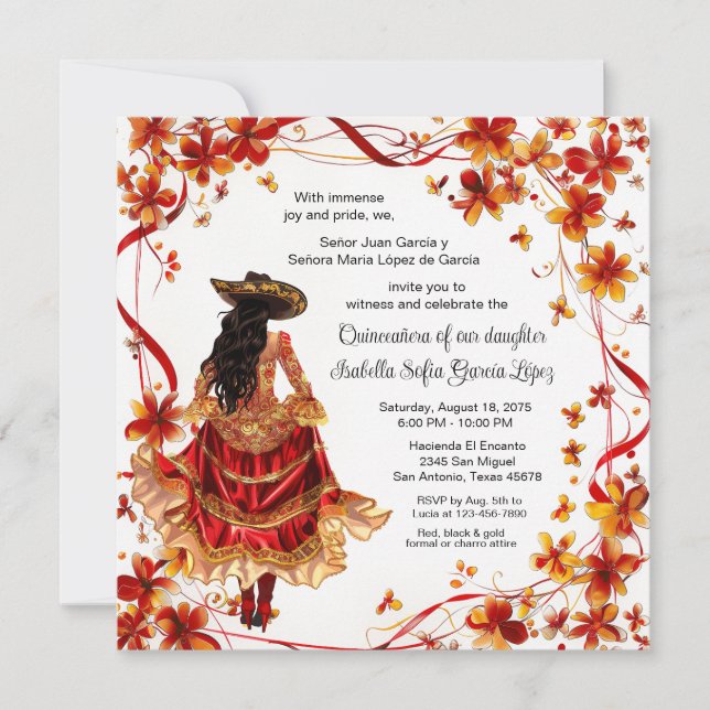Invitation Charra Quinceanera Or Rouge  (Devant)