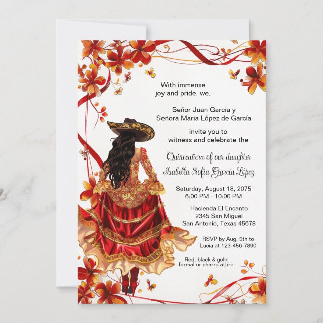 Invitation Charra Quinceanera Or Rouge  (Devant)