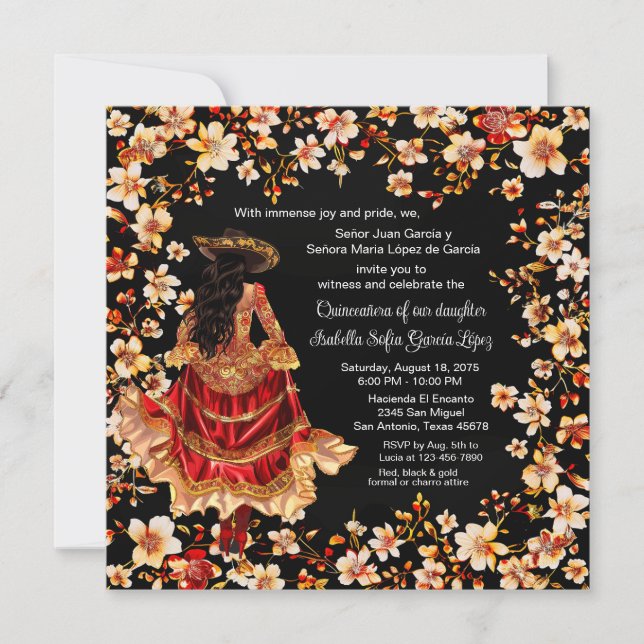 Invitation Charra Quinceañera Rouge Noir et Or (Devant)