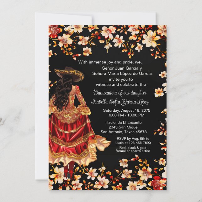 Invitation Charra Quinceañera Rouge Noir Or (Devant)