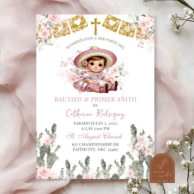 Invitation Charra Roses Roses Mexicaines Bautizo et Premier A (Créateur téléchargé)