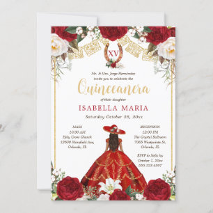Invitation Charra rouge et or avec photo Quinceañera mexicain
