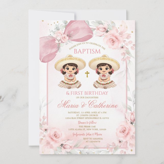 Invitation Charra Twin Girl Pink Floral Baptism 1st Birthday (Devant)