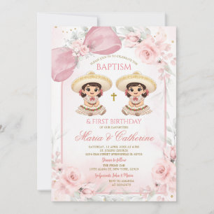 Invitation Charra Twin Girl Rose Florale Baptême 1er Annivers