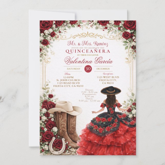 Invitation Charra Western Quince Red Rose Quinceañera (Devant)