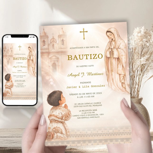 Invitation Charro Baptême Garçon Vierge Guadalupe Église Beig (Créateur téléchargé)