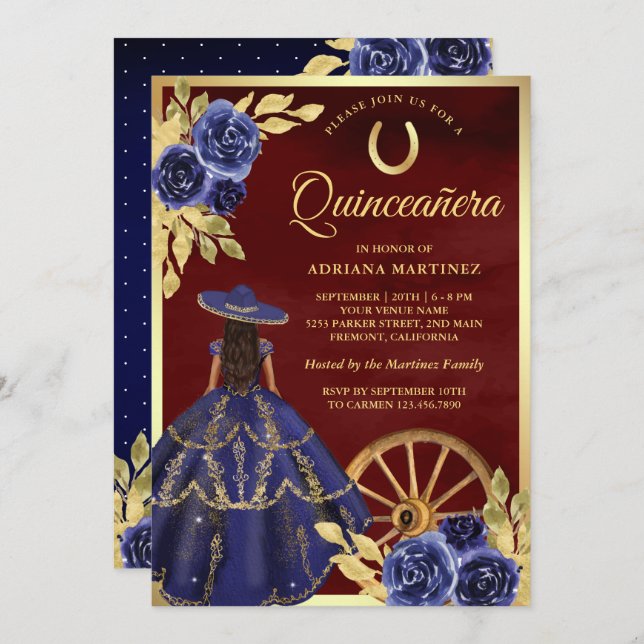 Invitation Charro Burugundy Quinceanera (Devant / Derrière)