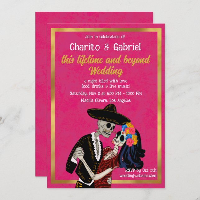 Invitation Charro Catrina Skuls à sucre Dansant Mariage rose (Devant / Derrière)