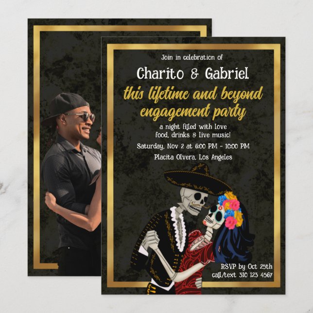 Invitation Charro et Catrina Crânes à sucre Fiançailles dansa (Devant / Derrière)