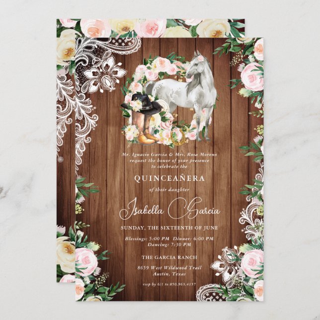 Invitation Charro Horse Cowgirl Quinceañera 15e anniversaire (Devant / Derrière)