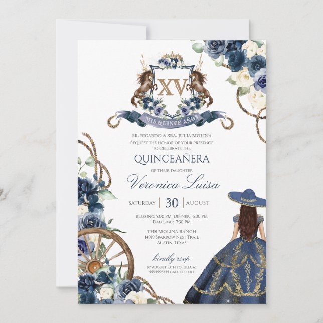 Invitation Charro Horse Crest Royal Navy Blue Quinceañera (Devant)