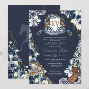 Invitation Charro Horse Crest Royal Navy Blue Quinceanera Inv