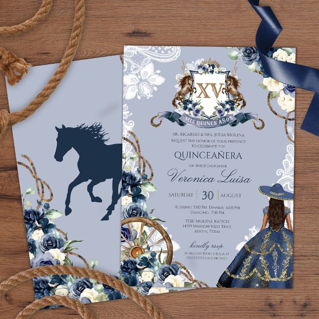 Invitation Charro Horse Crest Royal Navy Blue Quinceanera Inv (Créateur téléchargé)
