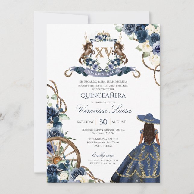 Invitation Charro Horse Crest Royal Navy Blue Quinceanera Inv (Devant)