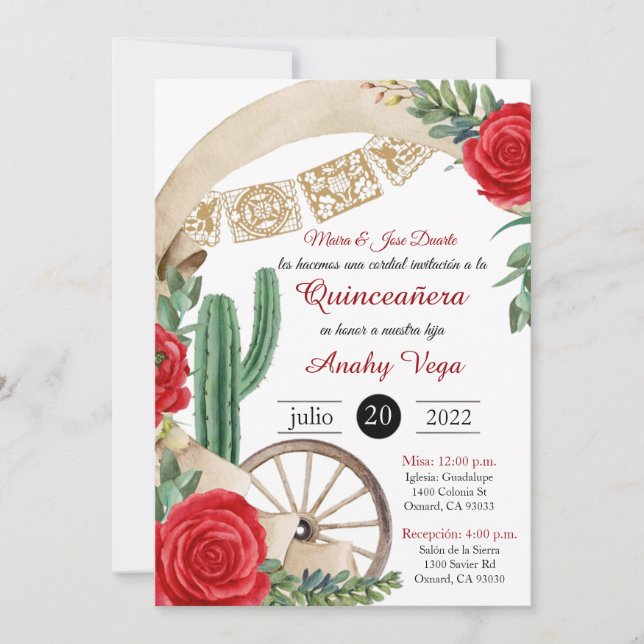 Invitation Charro Huapango Quinceanera Invitation, Roses Roug (Devant)