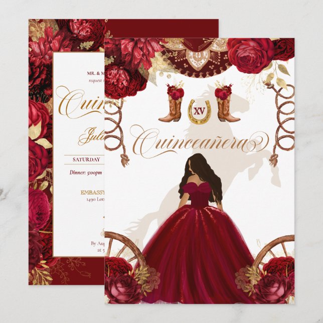Invitation Charro Occidental Bourgogne 2 faces Quinceanera (Devant / Derrière)
