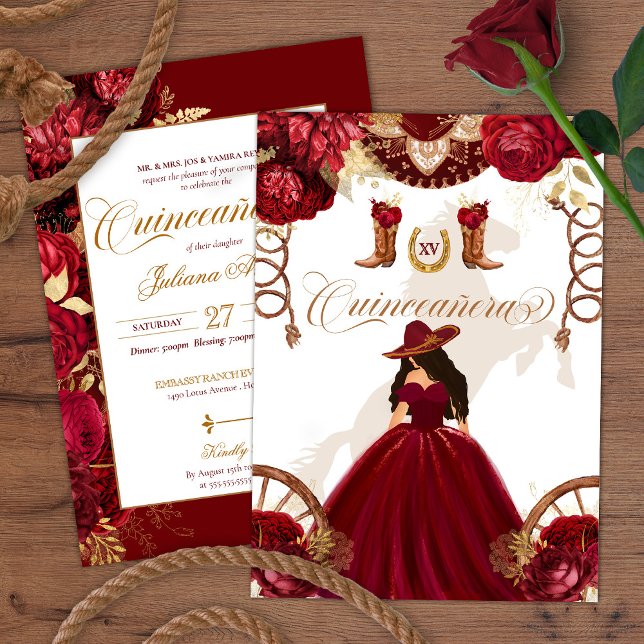 Invitation Charro Occidental Bourgogne 2 faces Quinceanera (Créateur téléchargé)