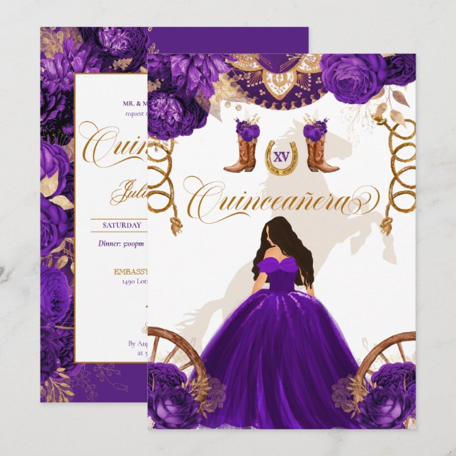 Invitation Charro Occidental Violet 2 faces Quinceanera Inv (Devant / Derrière)