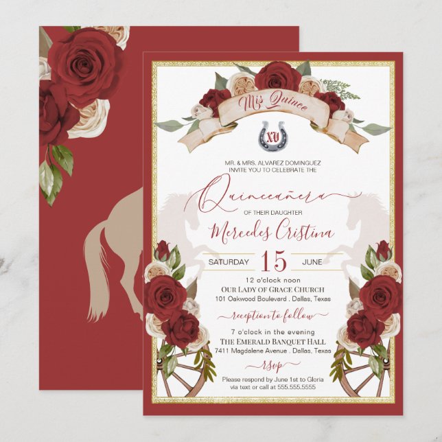 Invitation Charro Ouest Roses rouges Chevaux floraux Quincean (Devant / Derrière)