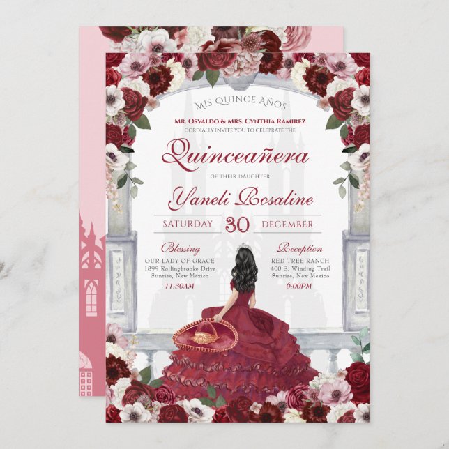 Invitation Charro Princesse Quinceanera, rouge bordeaux (Devant / Derrière)