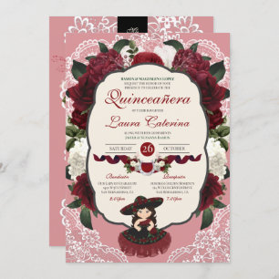 Invitation Charro Quinceanera, Rose floral rouge de Bourgogne