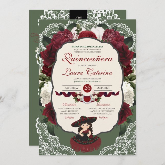 Invitation Charro Quinceanera, Rose floral vert rouge de Bour (Devant / Derrière)