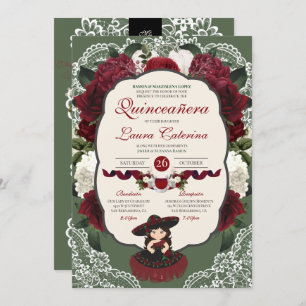 Invitation Charro Quinceanera, Rose floral vert rouge de Bour