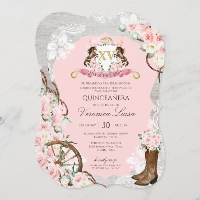 Invitation Charro Quinceanera rose rustique (Devant / Derrière)