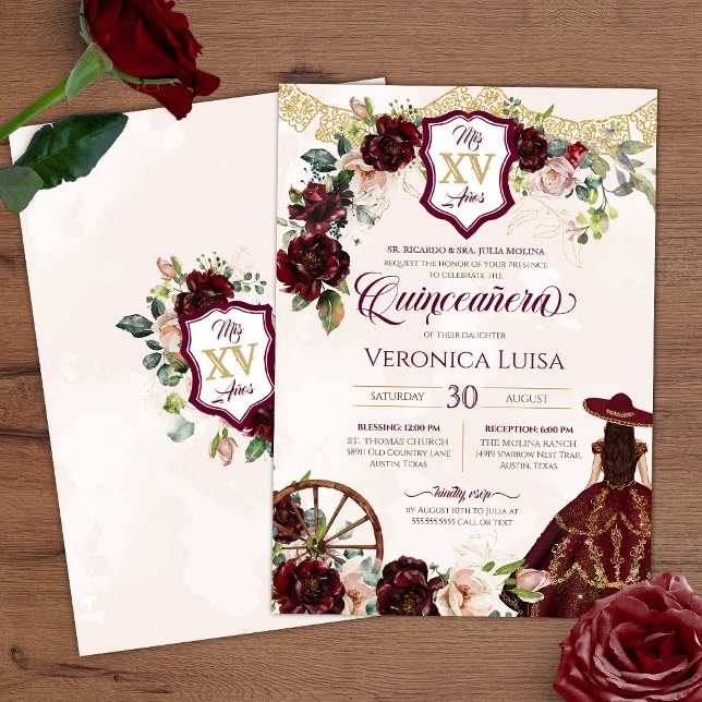 Invitation Charro Quinceanera, Roses de Bourgogne foncée (Créateur téléchargé)