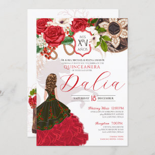 Invitation Charro Quinceañera Roses rouges Crest Floral Ouest