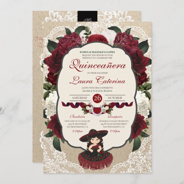 Invitation Charro Quinceanera Rouge Bourgogne Floral Annivers (Devant / Derrière)