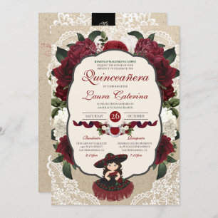 Invitation Charro Quinceanera Rouge Bourgogne Floral Annivers