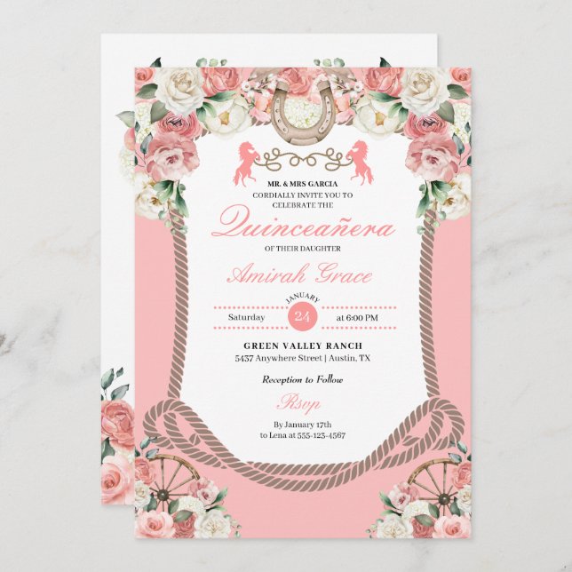 Invitation Charro rose occidentale Cowgirl Quinceañera (Devant / Derrière)