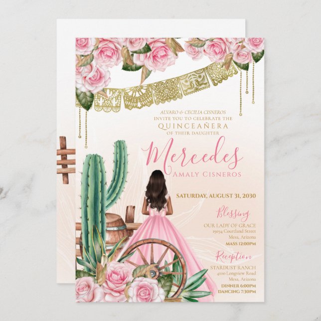 Invitation Charro rose Ouest Beaux Cactus Rose Province (Devant / Derrière)