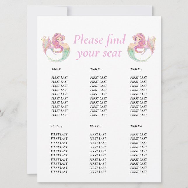 Invitation Chart de table rose sirène pour Baby Shower (Devant)