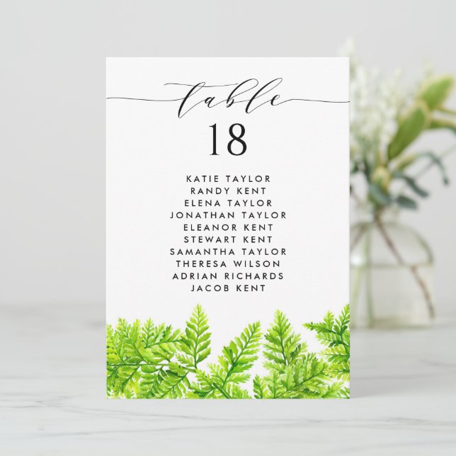 Invitation Chartreuse Green Fern Feuilles Table Plan Mariage (Debout devant)