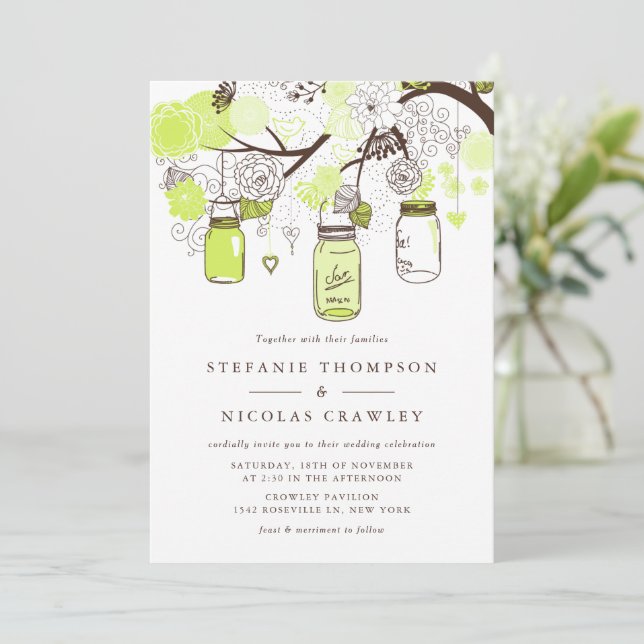 Invitation Chartreuse Green Hanging Mason Jars Mariage (Debout devant)