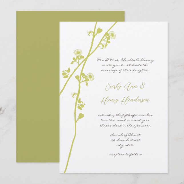 Invitation Chartreuse Lime Branche de Fleur Sauvage Mariage  (Devant / Derrière)