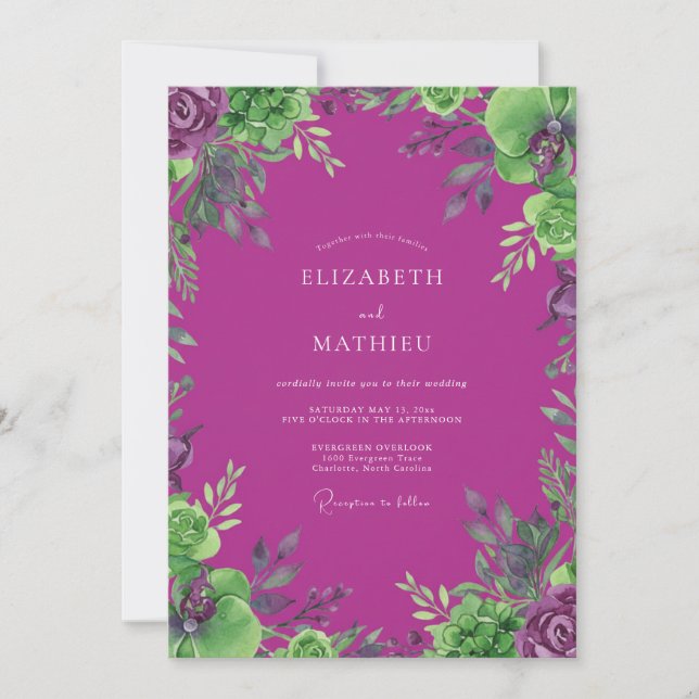 Invitation Chartreuse Magenta Feuillage Eucalyptus Mariage (Devant)