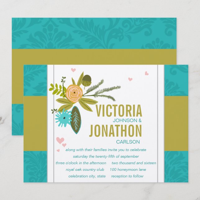 Invitation Chartreuse moderne Turquoise Mariage damassé (Devant / Derrière)