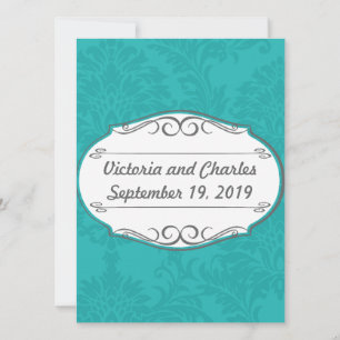Invitation Chartreuse moderne Turquoise Mariage damassé