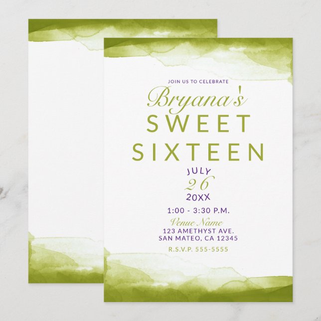 Invitation Chartreuse Vert Aquarelle Chic Douce Fête 16 Ans (Devant / Derrière)