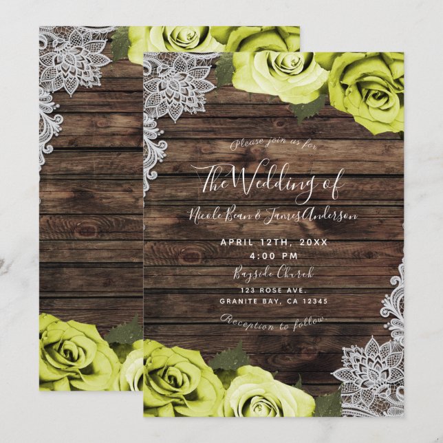 Invitation Chartreuse Vert Fleurs Roses Bois Dentelle Mariage (Devant / Derrière)