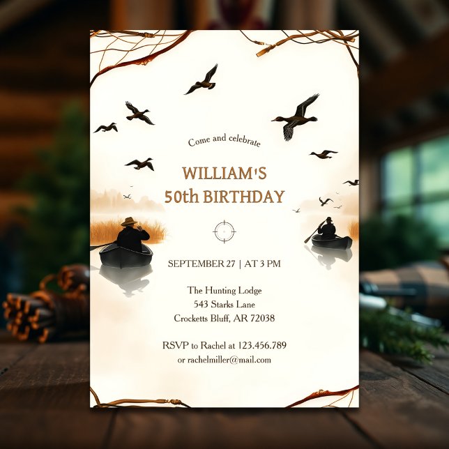 Invitation Chasse au canard rustique Anniversaire (Rustic Duck Hunting Birthday Invitation – Outdoor 50th Celebration for Him)