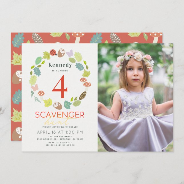 Invitation Chasse au trésor sentier naturel Red Photo Anniver (Devant / Derrière)