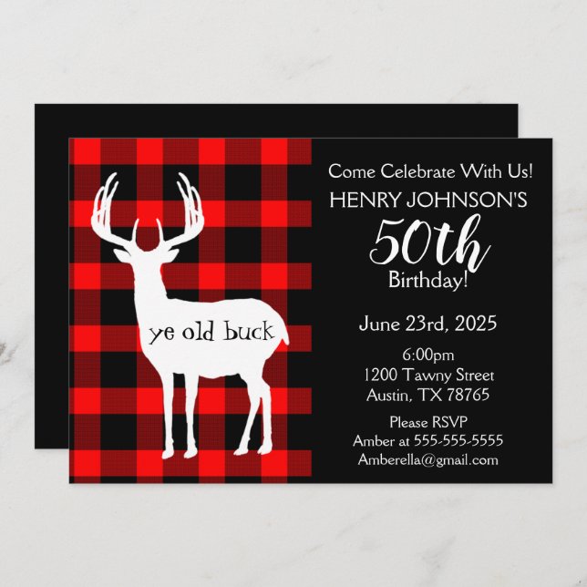 Invitation Chasse aux Cerfs Buffalo Plaid Thème 50ème Anniver (Devant / Derrière)